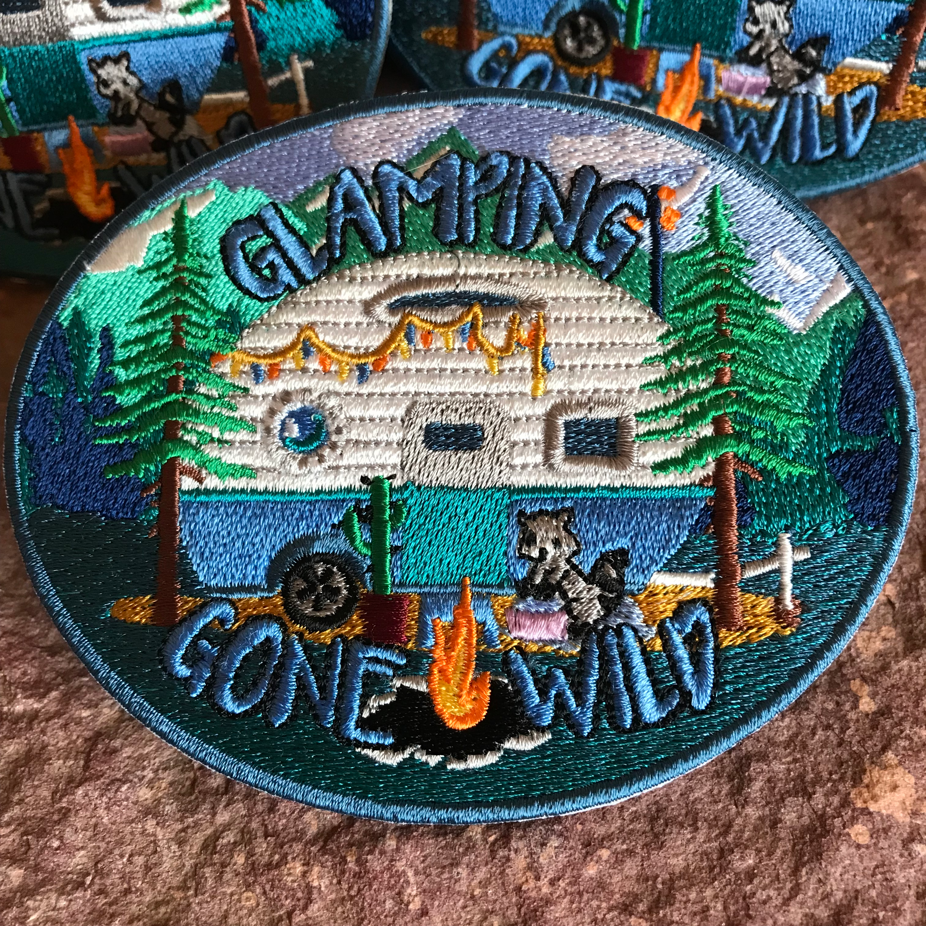 Glamping Gone Wild ~ Embroidered Morale Headliner Patch ~ Retro Camper Camping Wilderness Great Outdoors Nature Mountains Raccoon