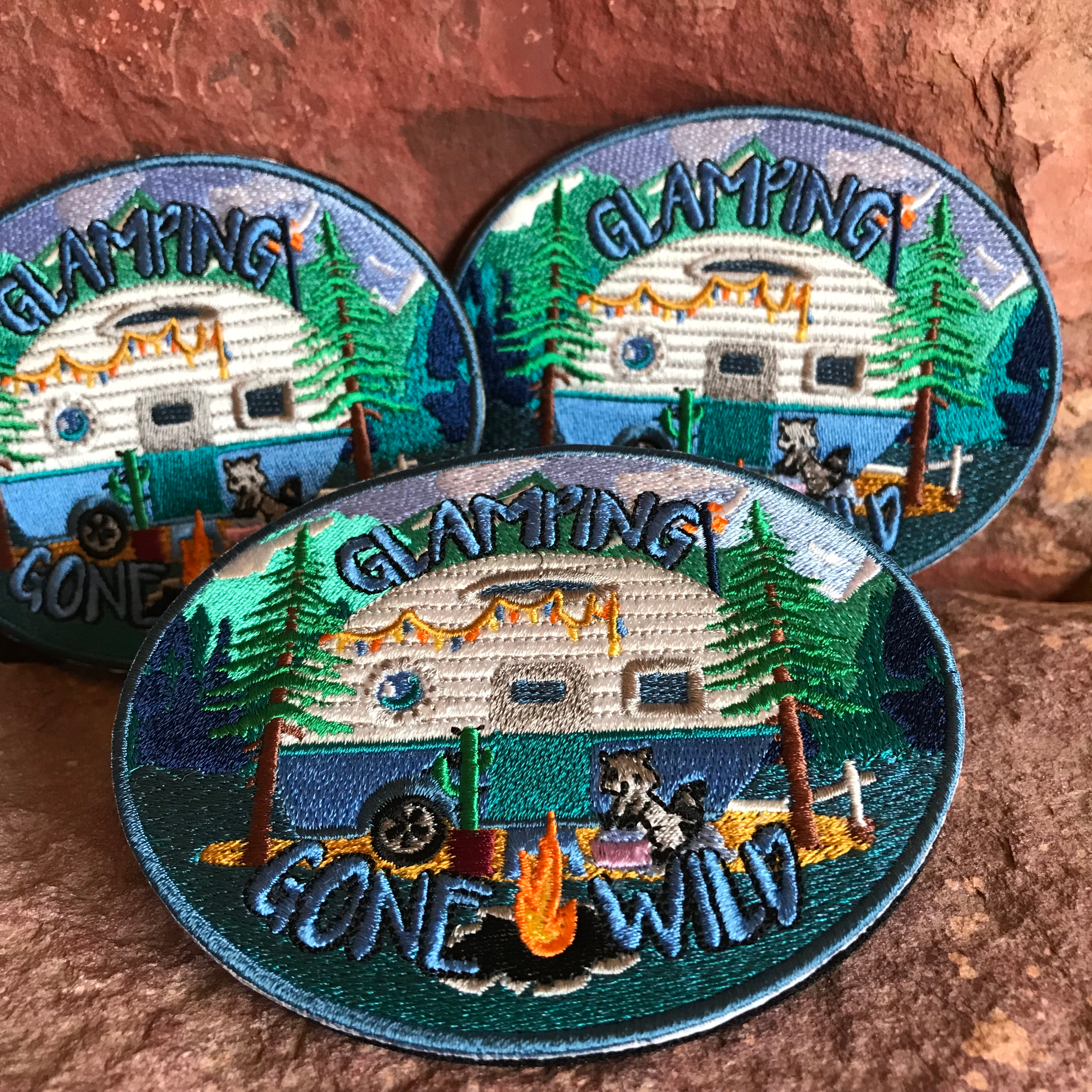 Glamping Gone Wild ~ Embroidered Morale Headliner Patch ~ Retro Camper Camping Wilderness Great Outdoors Nature Mountains Raccoon