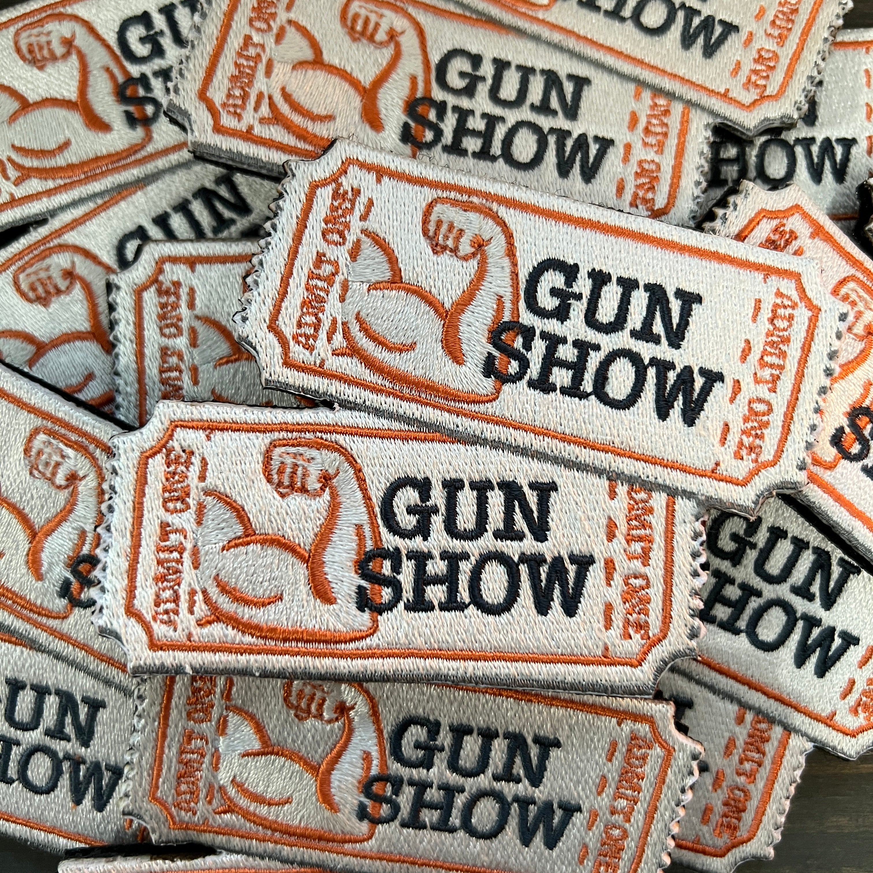 Two Tickets to the Gun Show - Funny Parody Embroidered Morale Patch ~ Accessory for Jacket Bag Hat Headliner ~ Big Strong Muscles