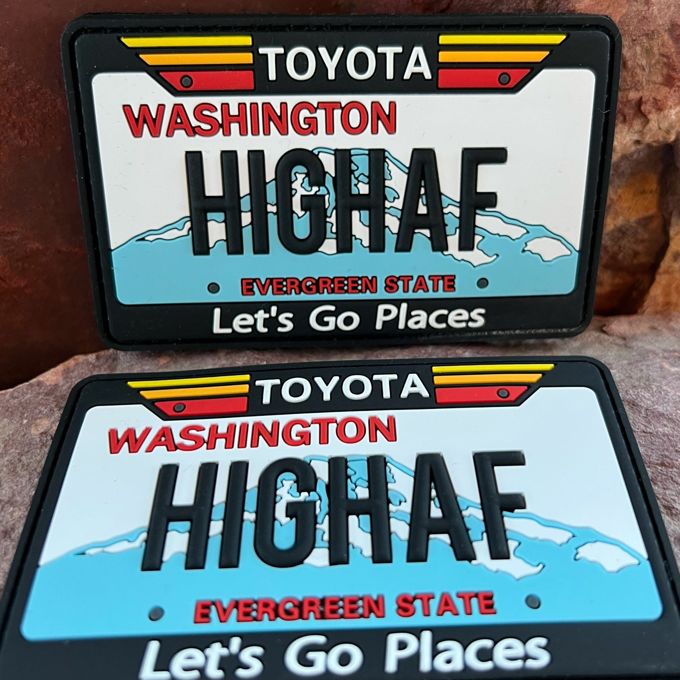 Washington State Toyota Patch ~ Collectible 3D PVC License Plate ~ Funny Parody Mountains High AF Morale Accessory 4Runner Tacoma FJ Cruiser