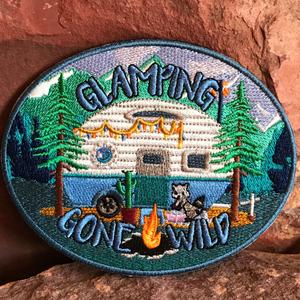 Glamping Gone Wild ~ Embroidered Morale Headliner Patch ~ Retro Camper Camping Wilderness Great Outdoors Nature Mountains Raccoon