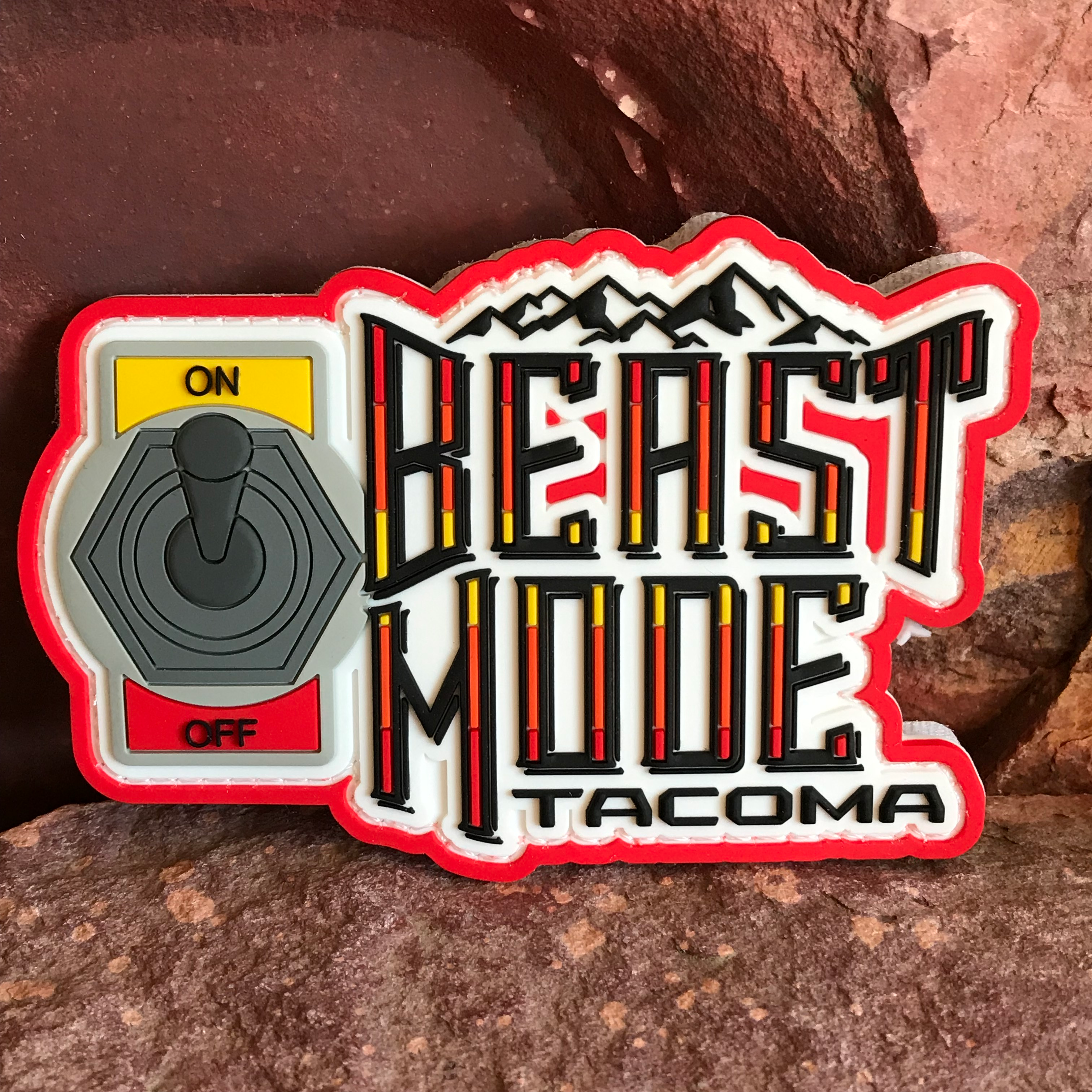 Flip the Switch into Beast Mode On ~ Toyota Tacoma ~ Funny 3D PVC Morale Headliner Patch Accessory ~ Retro Ivan Colors Mountains 4x4